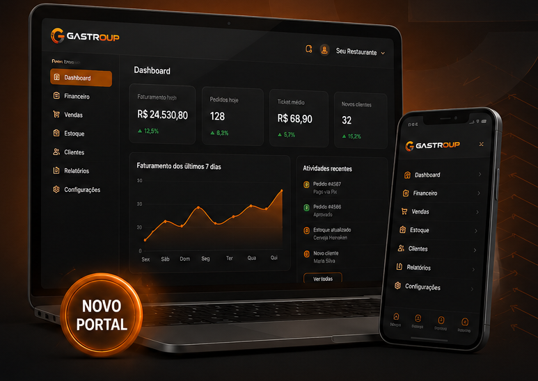 Novo portal GastroUP em notebook e celular mostrando o painel de gestão